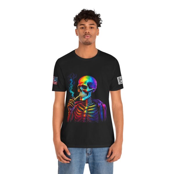 Ash and Bones Apparel - Unisex Short Sleeve Tee Shirt - Rainbow Skeleton with Pipe - Image 3