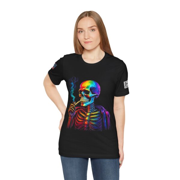 Ash and Bones Apparel - Unisex Short Sleeve Tee Shirt - Rainbow Skeleton with Pipe - Image 4