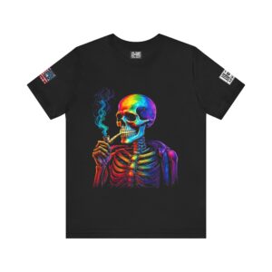 Ash and Bones Apparel - Unisex Short Sleeve Tee Shirt - Rainbow Skeleton with Pipe