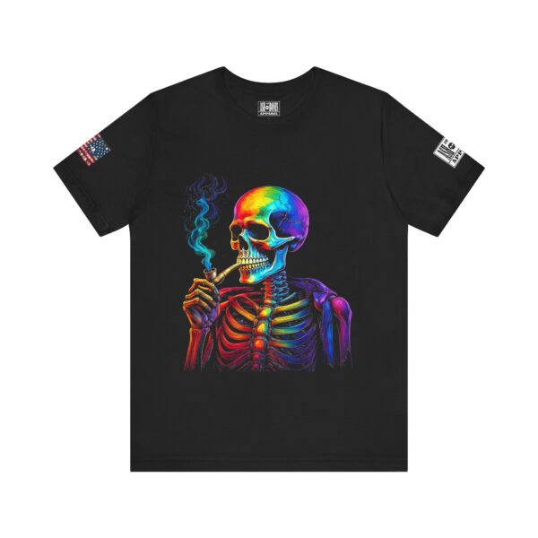 Ash and Bones Apparel - Unisex Short Sleeve Tee Shirt - Rainbow Skeleton with Pipe
